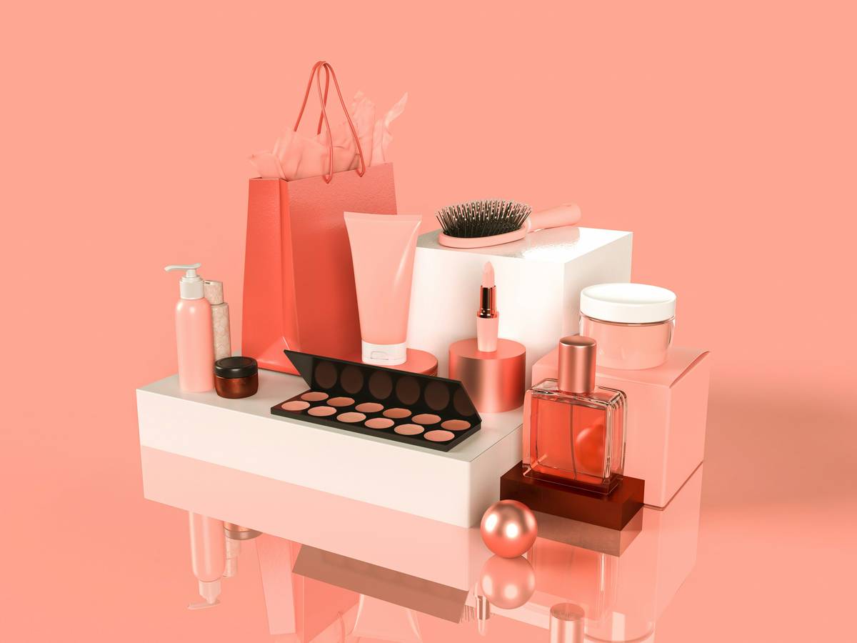 Luxury makeup display featuring designer compacts and brushes labeled as Status Symbols
